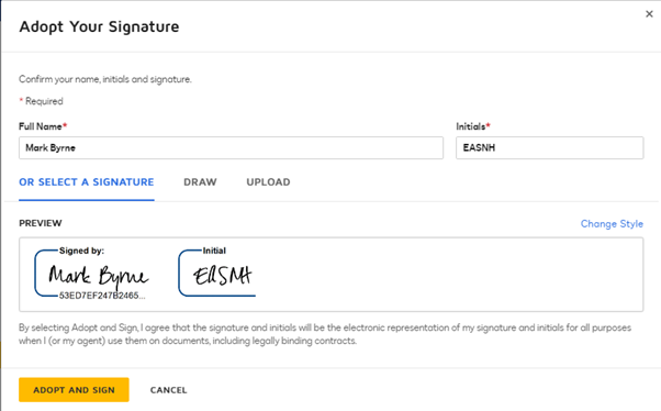 Enter authorised signer's name in field