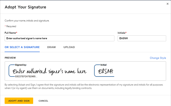 A popup of the 'Adopt your signature' will appear